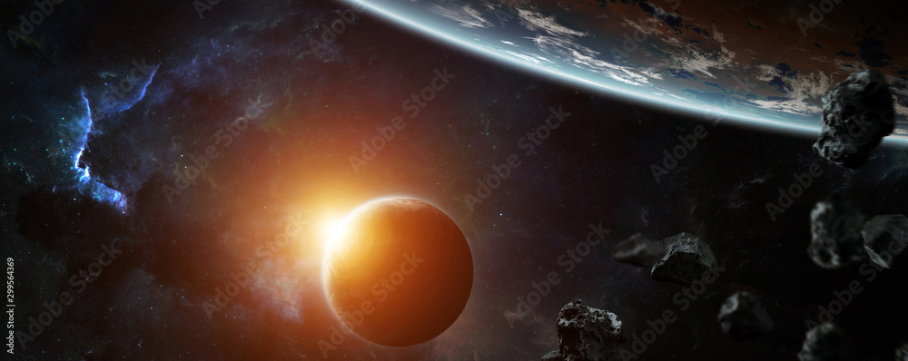 Poster Distant planet system in space with exoplanets 3D rendering elements of this image furnished by NASA