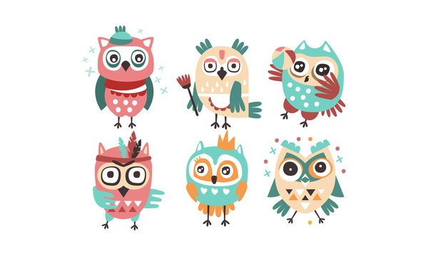 Set of humanized stylish owls. Vector illustration on a white background.