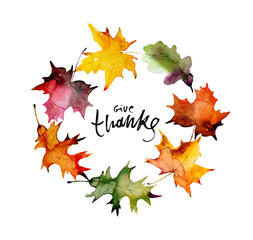Happy thanksgiving text with watercolor autumn leaves and branches isolated on white background. Autumn wreath for greeting cards, invitations, blogs, posters