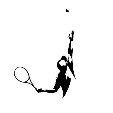 Tennis player serving ball, isolated vector silhouette