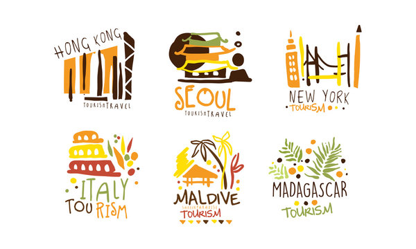 Set of logos for a travel agency with the image of attractions. Vector illustration.