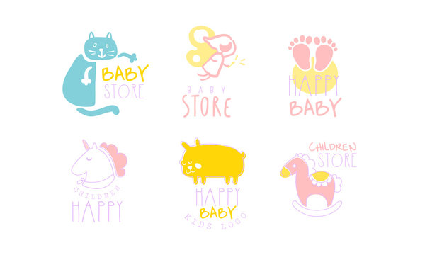 Set of contour cute logos for baby store. Vector illustration on a white background.