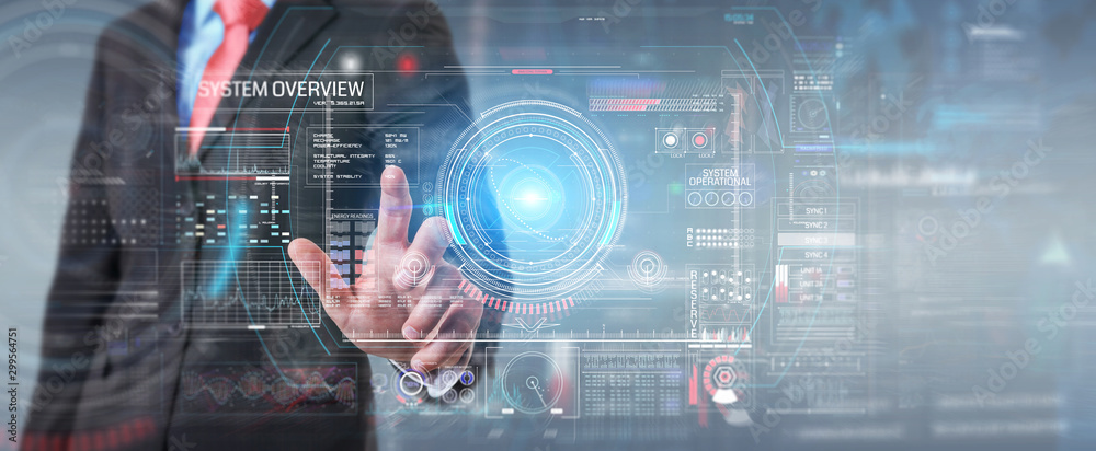 Poster Businessman using digital technological interface with datas 3D rendering