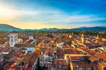 Lucca panoramic aerial view of city and San Michele Cathedral. Tuscany, Italy - obrazy, fototapety, plakaty