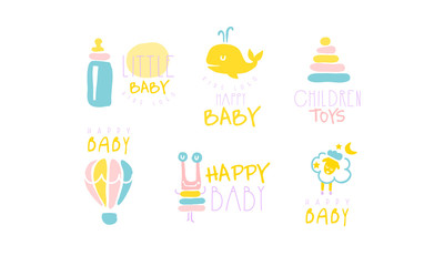 Set of cute inscriptions and pictures in yellow and blue colors for the newborn. Vector illustration.