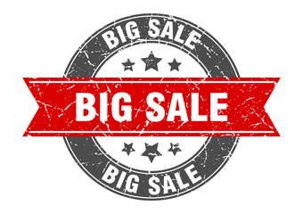 big sale round stamp with red ribbon. big sale