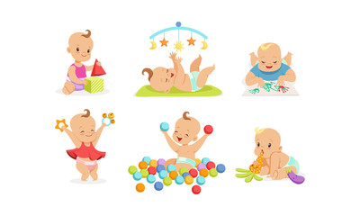Cute babies are playing. Vector illustration on a white background.