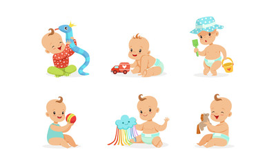 Cartoon babies with toys. Vector illustration on a white background.