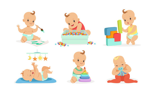 Cute babies play and draw. Vector illustration on a white background.