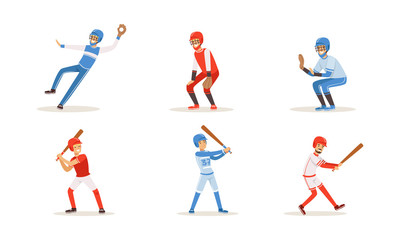 Fototapeta na wymiar Men in sports uniforms play baseball. Vector illustration on a white background.