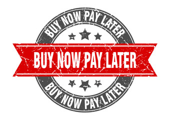 buy now pay later round stamp with red ribbon. buy now pay later
