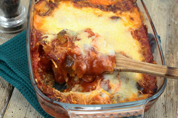 moussaka dish and salad