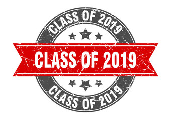 class of 2019 round stamp with red ribbon. class of 2019