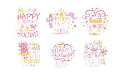 Set of cute pink lettering with pictures for a children s holiday. Vector illustration.