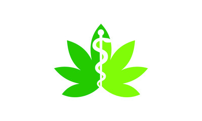 Green Medical Marijuana Leaf with Caduceus Emblem Symbolizing Healthcare and Alternative Medicine