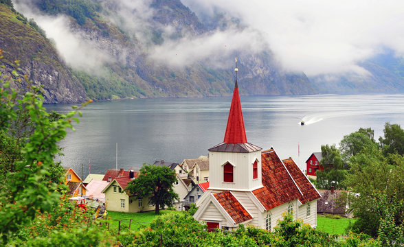 Top view of undredal village on fjord, Norway on summer