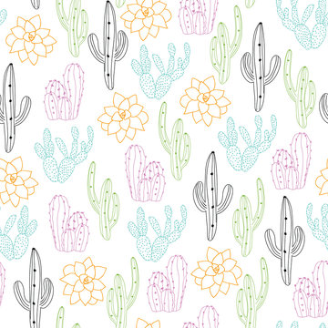 Seamless pattern colorful outline of cactus plants