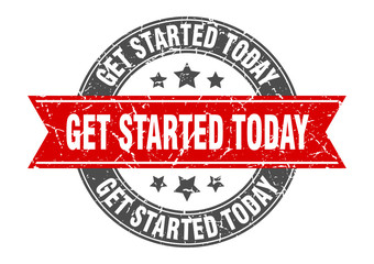 get started today round stamp with red ribbon. get started today