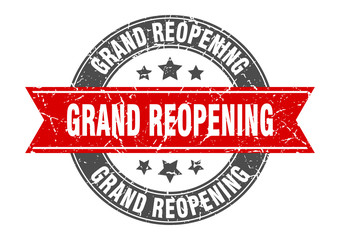 grand reopening round stamp with red ribbon. grand reopening