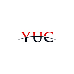 Initial letter YUC, overlapping movement swoosh horizon logo company design inspiration in red and dark blue color vector