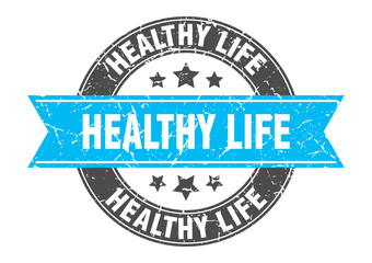 healthy life round stamp with turquoise ribbon. healthy life