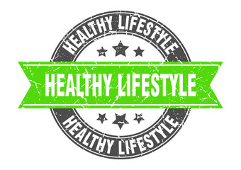 healthy lifestyle round stamp with green ribbon. healthy lifestyle