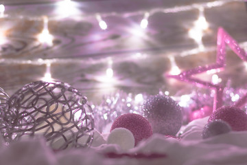 Christmas decoration with balls, lights and stars