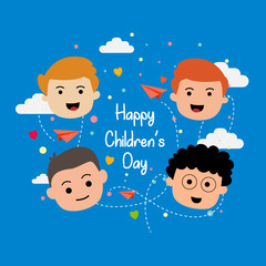 World Children's Day. four children's heads with a combination of circles, clouds and paper airplanes, blue background. for templates, covers