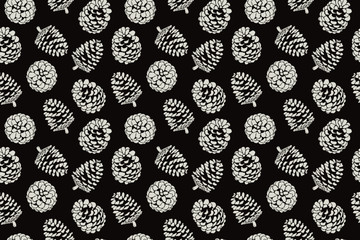 Pine cone Christmas pattern print, black brown whites, nature design