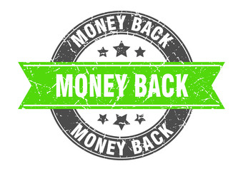 money back round stamp with green ribbon. money back