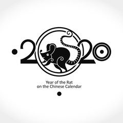 Stylish template 2020 with a cute rat. 2020 flat vector template with running mouse in a circle. Chinese New Year of the Rat. Happy New Year. Wise Rat 2020. New Year on the Chinese calendar.