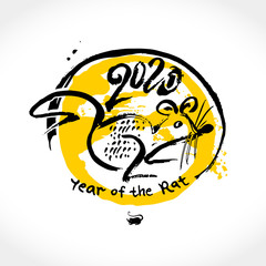 Hand drawn Rat 2020. Handwritten template with 2020 and White Rat on a yellow abstract background. Imitation of painting with brush. New Year on the Chinese calendar.