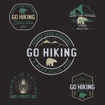 Vintage hiking logos, mountain adventure badges set. Hand drawn labels designs. Travel expedition, wanderlust and scouting. Outdoor emblems. Logotypes collection. Stock vector