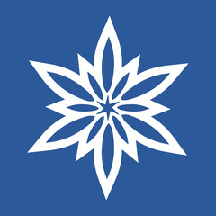 White snowflake on a blue background. Flat vector shape for cutting. Star snowflake template. The stencil shape typed from the laconic rays of the petals is possible plotter cutting.