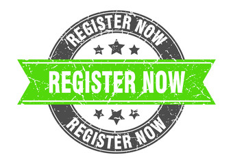 register now round stamp with green ribbon. register now