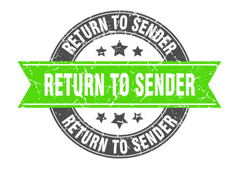 return to sender round stamp with green ribbon. return to sender
