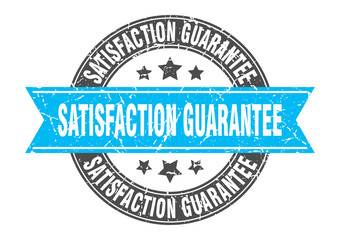 satisfaction guarantee round stamp with turquoise ribbon. satisfaction guarantee