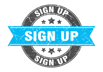 sign up round stamp with turquoise ribbon. sign up