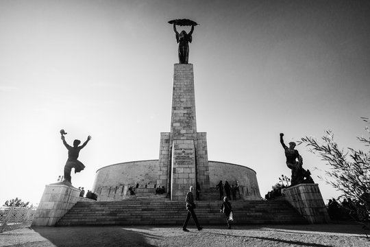 Budapest, Hungary - October 01, 2019: The Liberty Statue or Freedom Statue is a monument on the Gell&eacute;rt Hill in Budapest. It commemorates for the independence, freedom, and prosperity of Hungary.