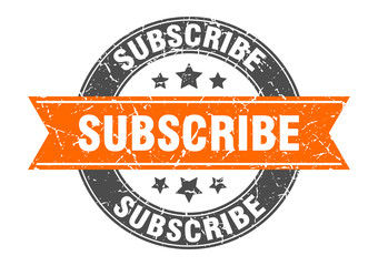 subscribe round stamp with orange ribbon. subscribe