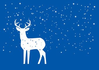 White deer in snow vector. Christmas deer white outline on a blue background vector. White silhouette of reindeer. Simple Christmas background with copy space for text