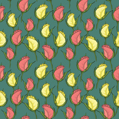 Pink yellow roses seamless pattern on green background