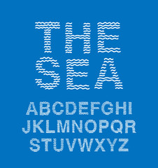 The sea hand drawn vector type font waves in cartoon comic style white blue