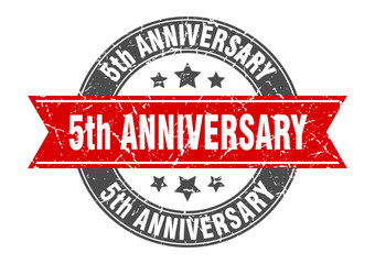 5th anniversary round stamp with red ribbon. 5th anniversary