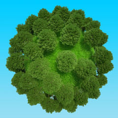 Planet with trees and grass. Eco Green miniature globe concept. 3d rendering.
