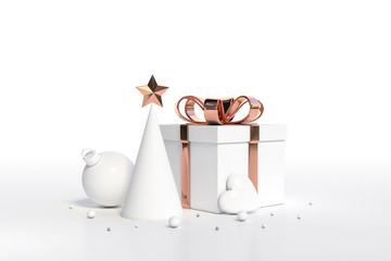 Gift box with copper reflection bow ribbon, christmas tree, ornaments christmas ball, mini heart on white background 3d rendering. 3d illustration minimal style christmas and new year concept.