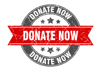 donate now round stamp with red ribbon. donate now