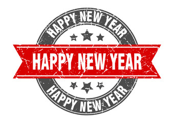 happy new year round stamp with red ribbon. happy new year