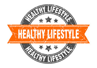 healthy lifestyle round stamp with orange ribbon. healthy lifestyle