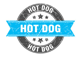 Fototapeta premium hot dog round stamp with turquoise ribbon. hot dog